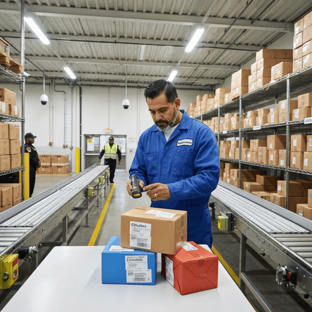 Packages being sorted at the North American receiving facility.