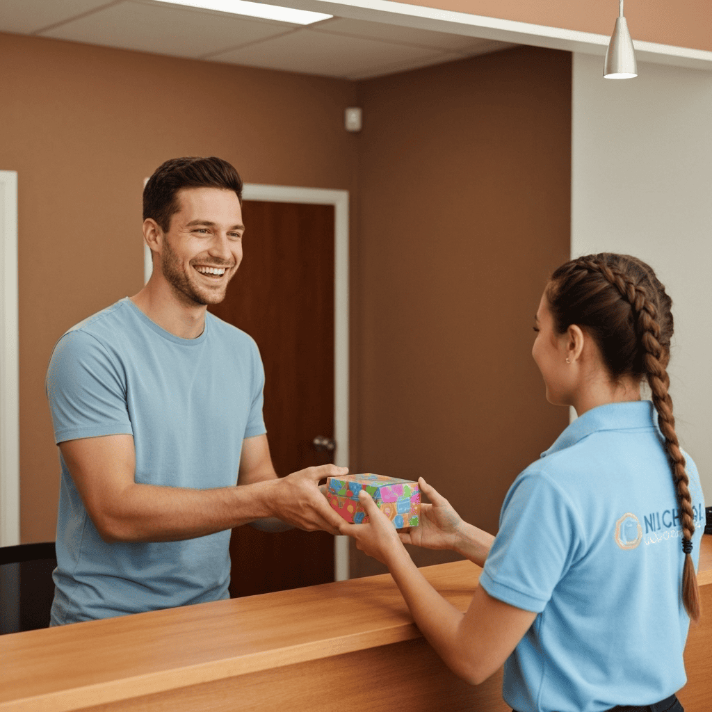 Customer picking up their small package at the Cuenca office.