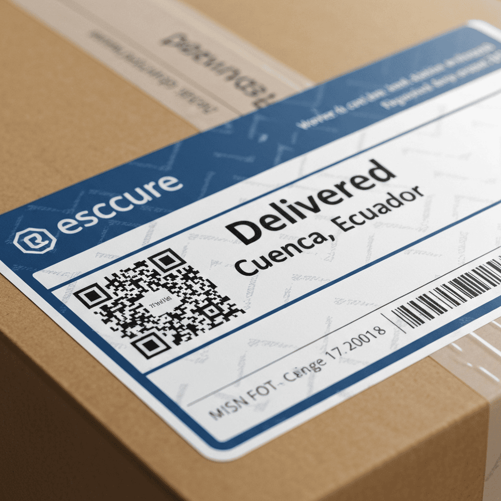 A close-up of a secure shipping label showing tracking information.